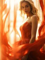 a beautiful blonde woman in an orange dress generative ai photo