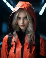 un hermosa rubia mujer en un naranja lluvia chaqueta generativo ai foto