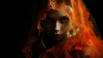 a beautiful blonde woman in an orange veil generative ai photo