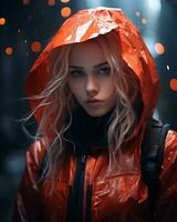 a beautiful blonde woman in an orange raincoat generative ai photo