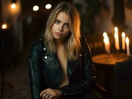 un hermosa rubia mujer en cuero chaqueta sentado en frente de velas generativo ai foto