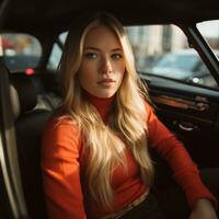 a beautiful blonde woman sitting in the back seat of a car generative ai photo