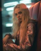 a beautiful blonde woman sitting in a red chair generative ai photo