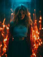 a beautiful blonde woman standing in front of flames generative ai photo
