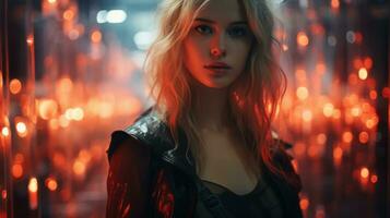 a beautiful blonde woman standing in front of red lights generative ai photo