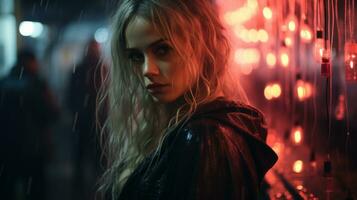 a beautiful blonde woman standing in the rain with red lights in the background generative ai photo