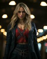 a beautiful blonde woman wearing a red top and leather jacket generative ai photo