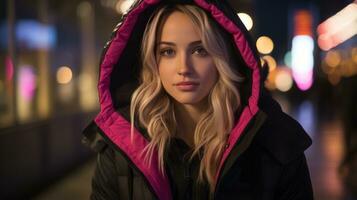 a beautiful blonde woman wearing a pink and black jacket generative ai photo