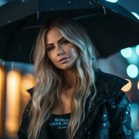a beautiful blonde woman with an umbrella in the rain generative ai photo