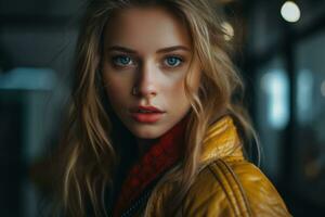 a beautiful blonde woman with blue eyes in a yellow jacket generative ai photo