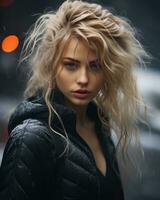 a beautiful blonde woman with long hair in the rain generative ai photo