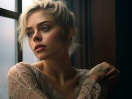 a beautiful blonde woman with tattoos sitting by a window generative ai photo