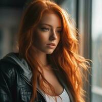 a beautiful redhead woman with long hair standing in front of a window generative ai photo