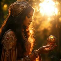 a beautiful woman holding an object in the woods generative ai photo