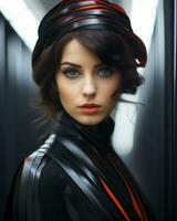 a beautiful woman in a black and red hat generative ai photo