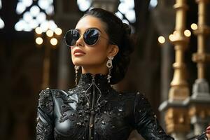 a beautiful woman in a black dress and sunglasses generative ai photo