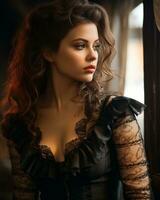 a beautiful woman in a black dress looking out the window generative ai photo