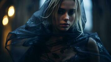 a beautiful woman in a black dress and veil in the rain generative ai photo
