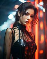 a beautiful woman in a black dress with red neon lights generative ai photo