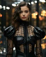a beautiful woman in a black leather dress generative ai photo