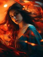 a beautiful woman in a blue dress with red hair generative ai photo