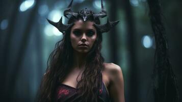 a beautiful woman in a forest with horns on her head generative ai photo