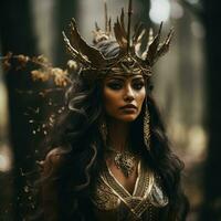 a beautiful woman in a gold headdress in the woods generative ai photo