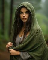 a beautiful woman in a green hooded cloak generative ai photo