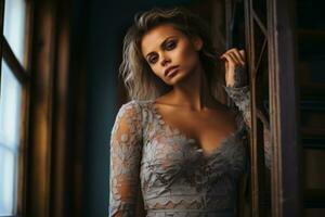 a beautiful woman in a lace dress standing in front of a window generative ai photo