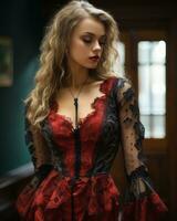 a beautiful woman in a red and black dress generative ai photo