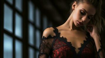 a beautiful woman in a red and black lingerie generative ai photo