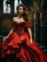 un hermosa mujer en un rojo pelota vestido generativo ai foto