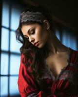 a beautiful woman in a red dress looking down generative ai photo