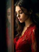 a beautiful woman in a red dress looking out the window generative ai photo