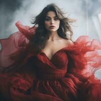 a beautiful woman in a red dress with smoke coming out of her hair generative ai photo