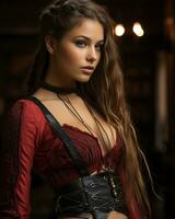 a beautiful woman in a red top and leather corset generative ai photo