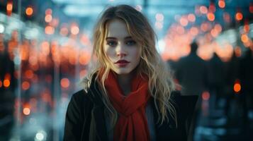 a beautiful woman in a red scarf standing in front of a crowd of people generative ai photo