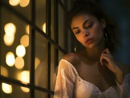 a beautiful woman in a white dress leaning against a window at night generative ai photo