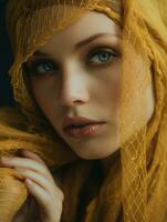 a beautiful woman in a yellow headscarf generative ai photo