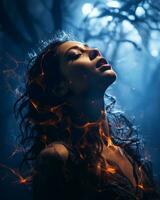 a beautiful woman in the dark with fire on her face generative ai photo