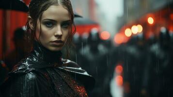 a beautiful woman in the rain with umbrellas generative ai photo