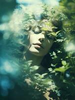 a beautiful woman is surrounded by green plants generative ai photo