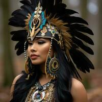 a beautiful woman wearing an indian headdress in the woods generative ai photo