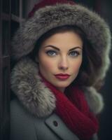 un hermosa mujer vistiendo un piel sombrero y rojo bufanda generativo ai foto