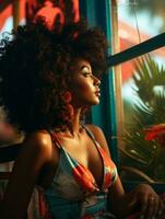 un hermosa mujer con un afro es sentado por el ventana generativo ai foto