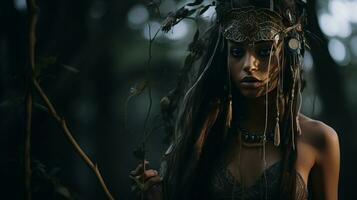 a beautiful woman with a headdress in the woods generative ai photo