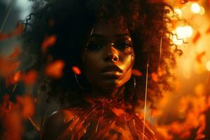 un hermosa mujer con un afro en el oscuro generativo ai foto