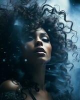 a beautiful woman with curly hair and smoke coming out of her hair generative ai photo