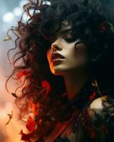 a beautiful woman with curly hair and red flowers in her hair generative ai photo