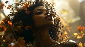 a beautiful woman with curly hair in the sun generative ai photo